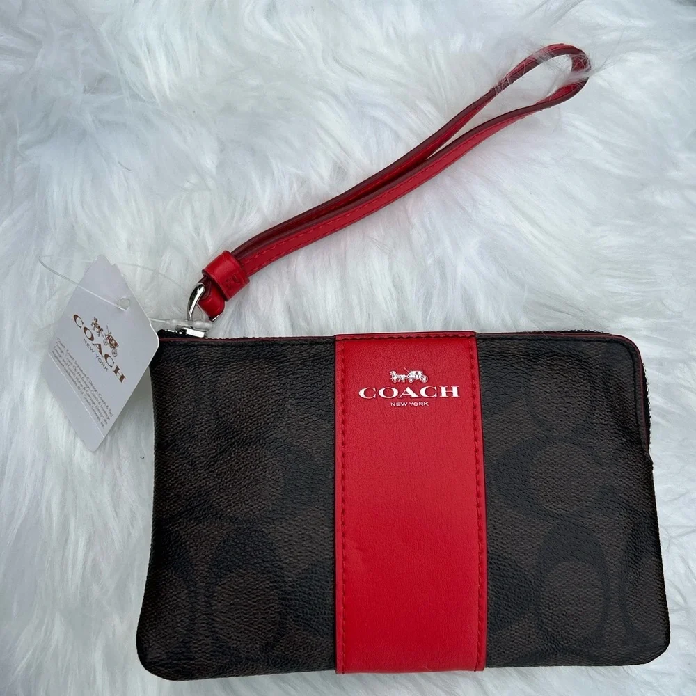 Coach Signature brown & red stripe Zip Wristlet New With Tags.  C - Picture 2 of 13